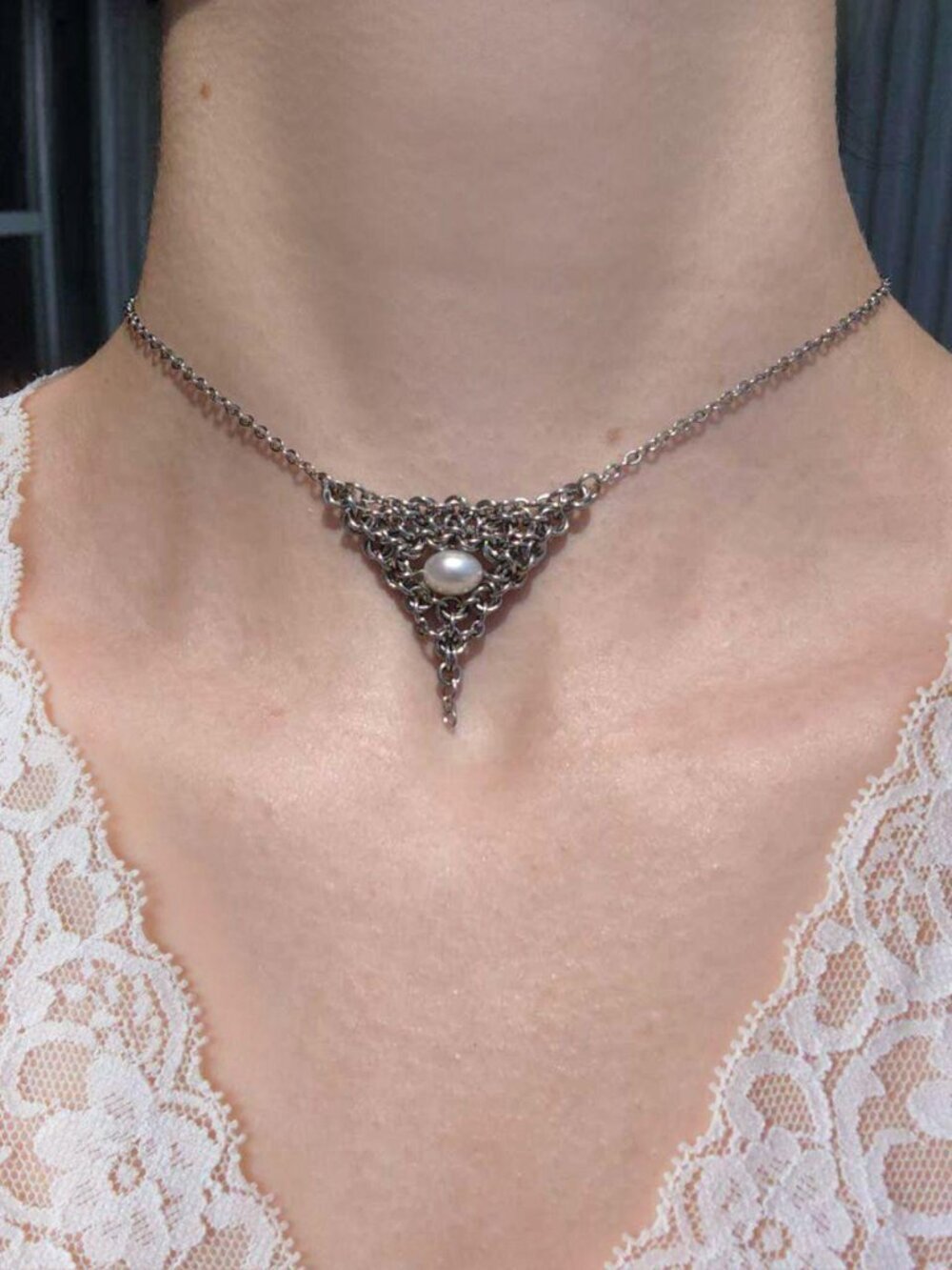 White pearl and silver v shaped necklace
